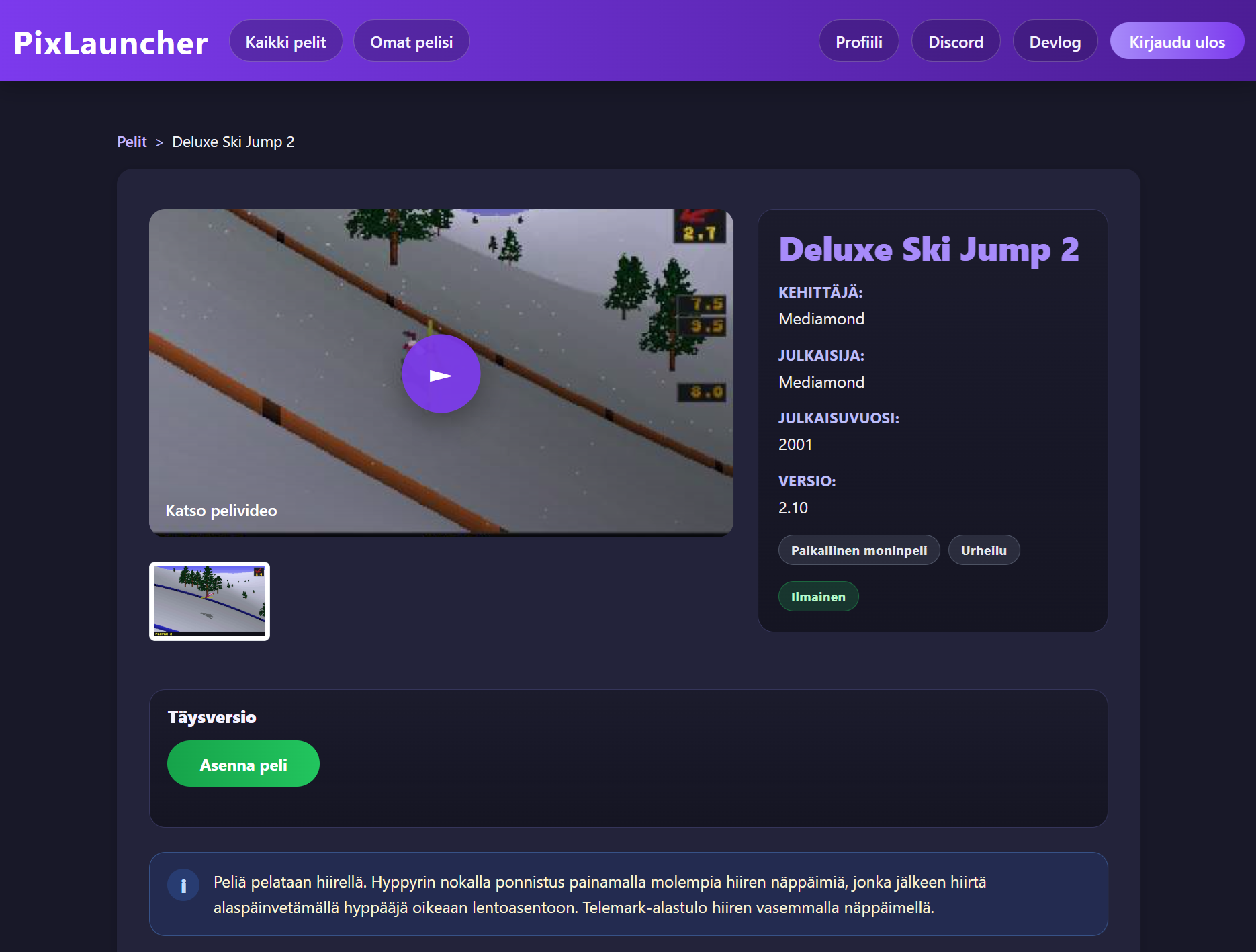 PixLauncherin pelikohtainen sivu Liero-pelistä
